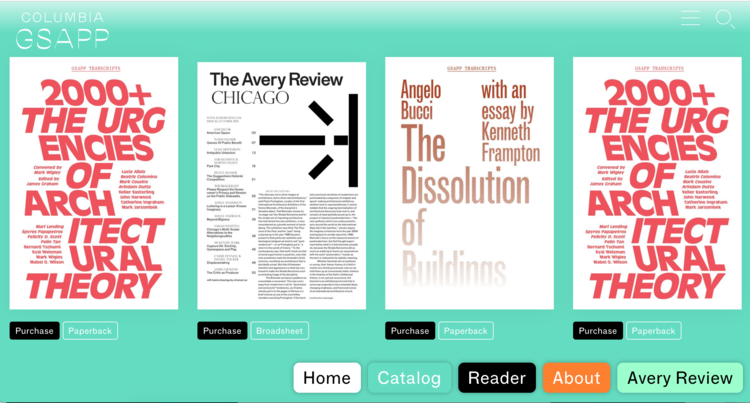 a website screenshot that shows 4 publications total: the avery review Chicago, 2000+ The Urgencies of Architectural Theory, and The Dissolution of Buildings